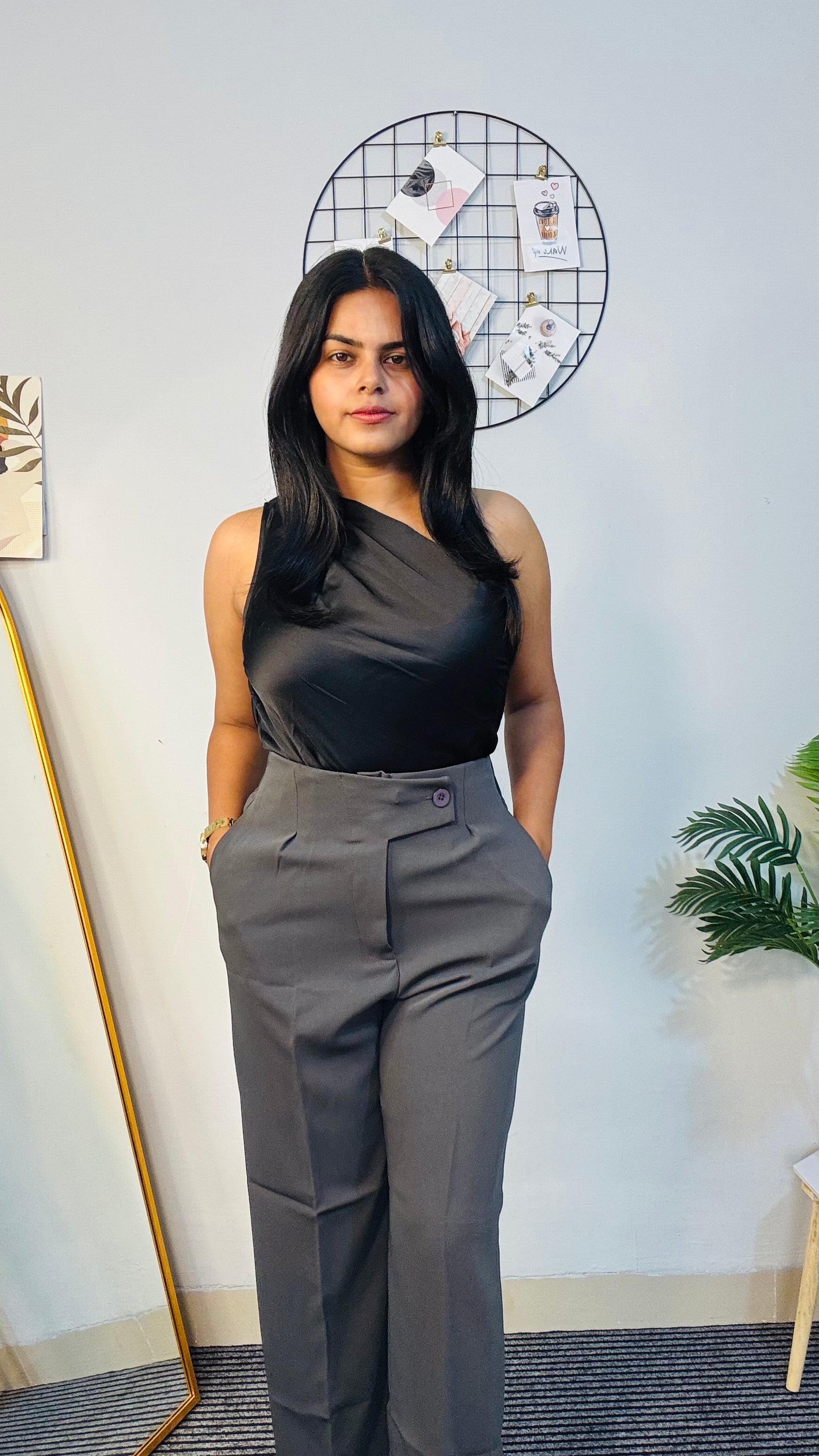 Black Satin One-Shoulder Draped Bodysuit