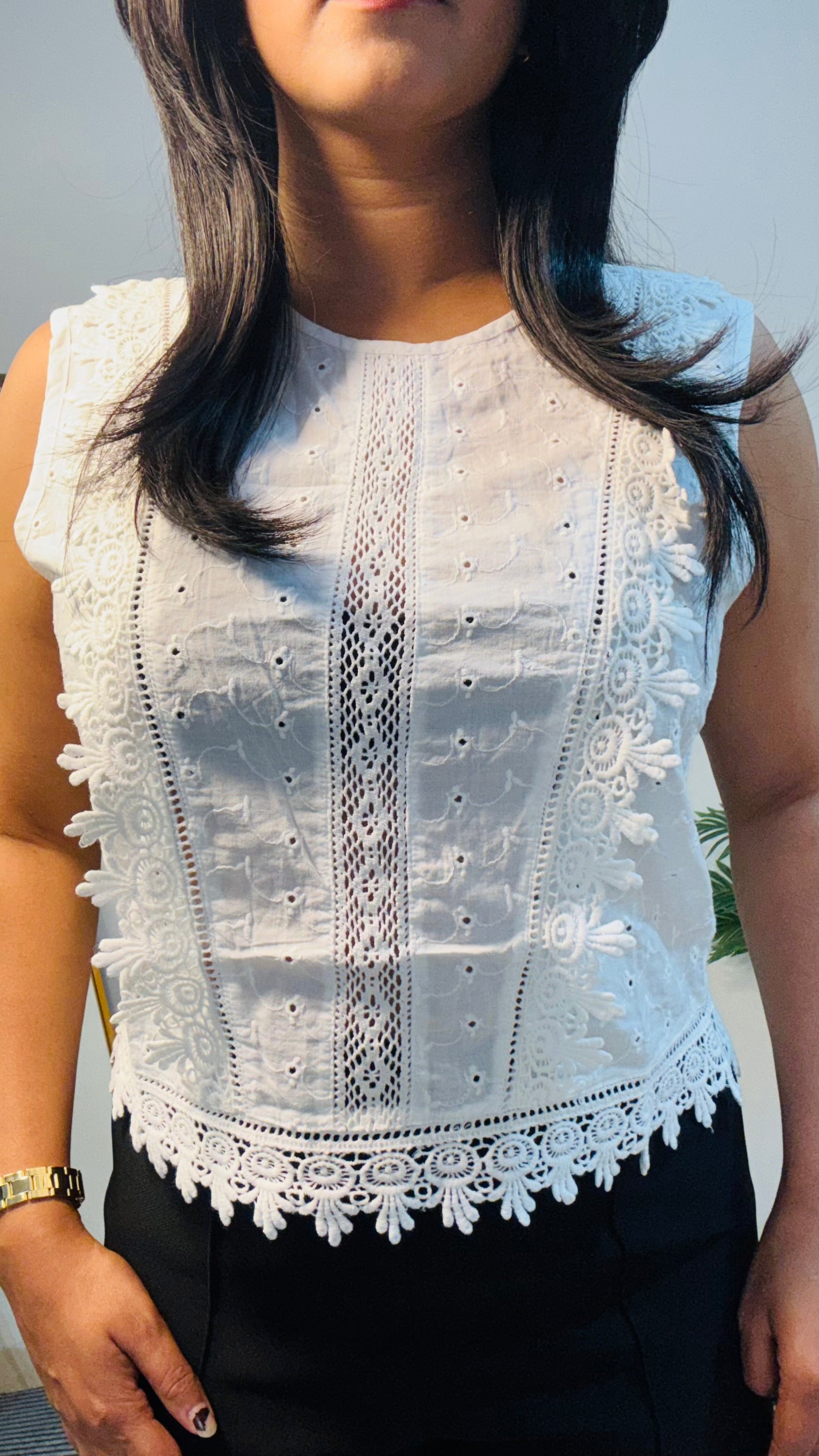 Classic White Crochet Trim Blouse