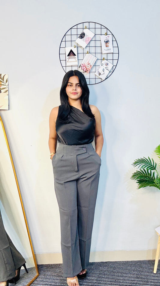 Black Satin One-Shoulder Draped Bodysuit