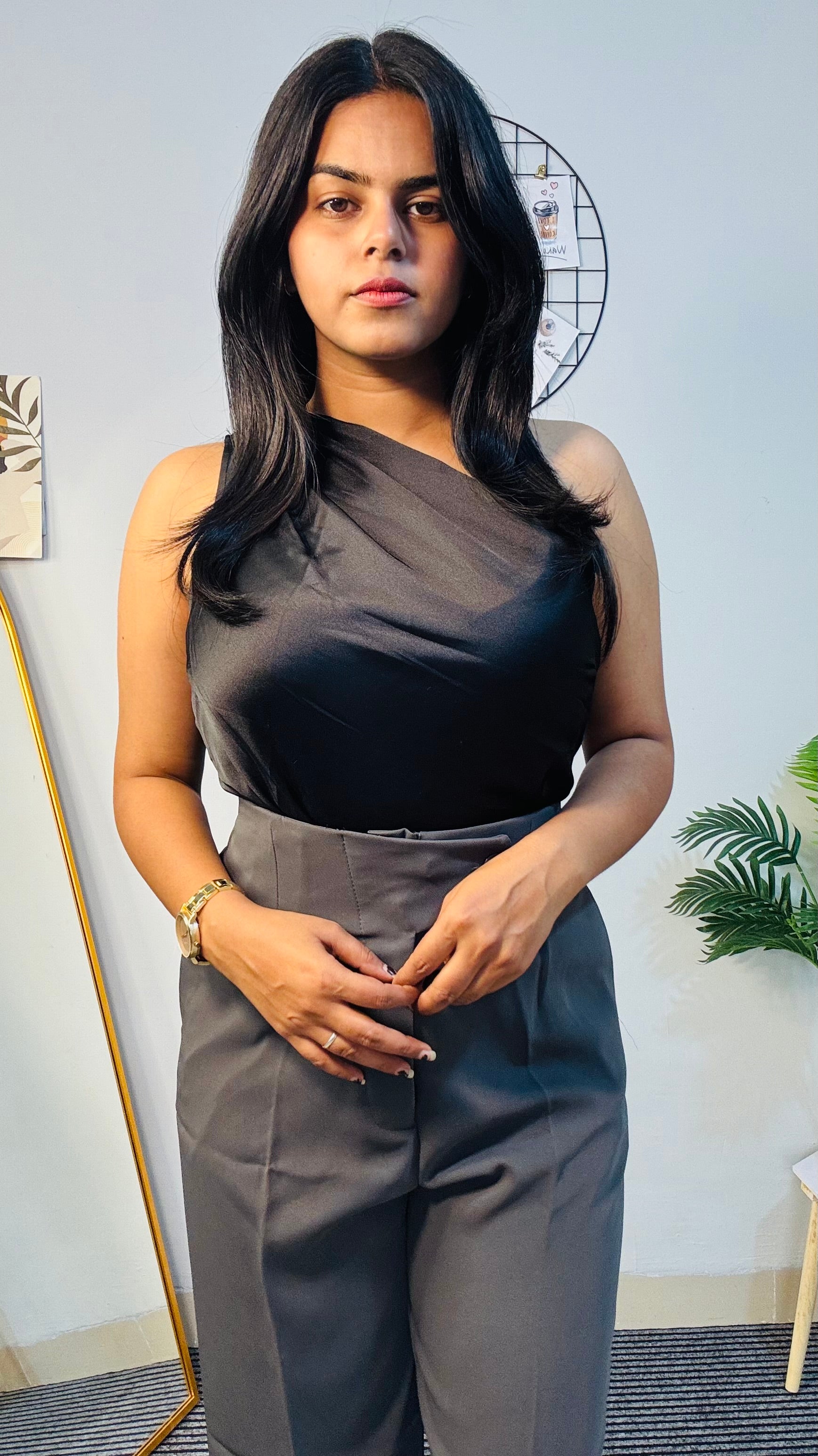 Black Satin One-Shoulder Draped Bodysuit