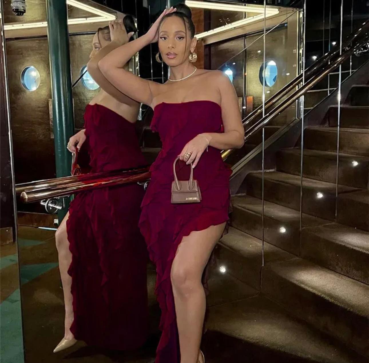 Velvet Wine Ruffle Gown