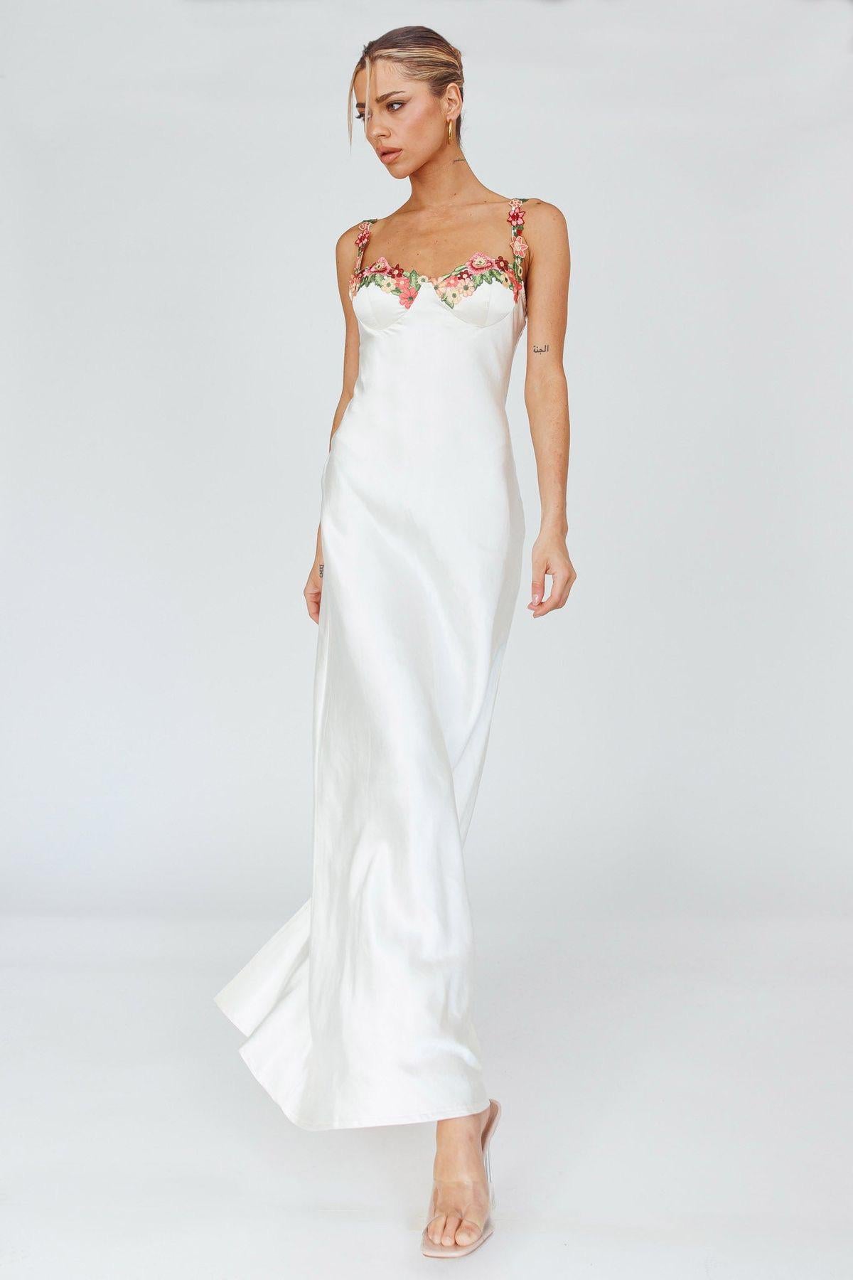 White Rosabelle Satin Floral Gown