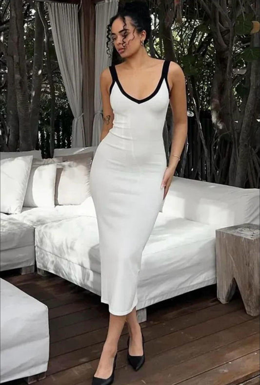 White Sleeveless Contrast Trim Midi Dress