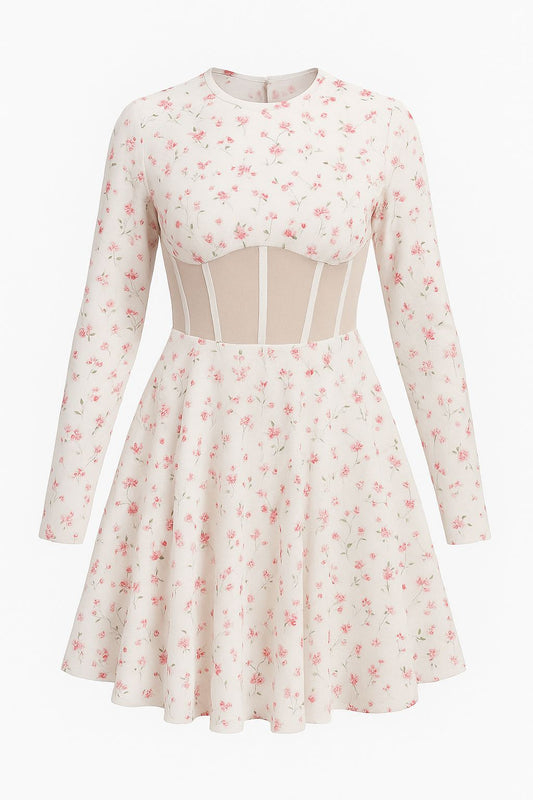 White Blush Bloom Mesh Corset Mini Dress