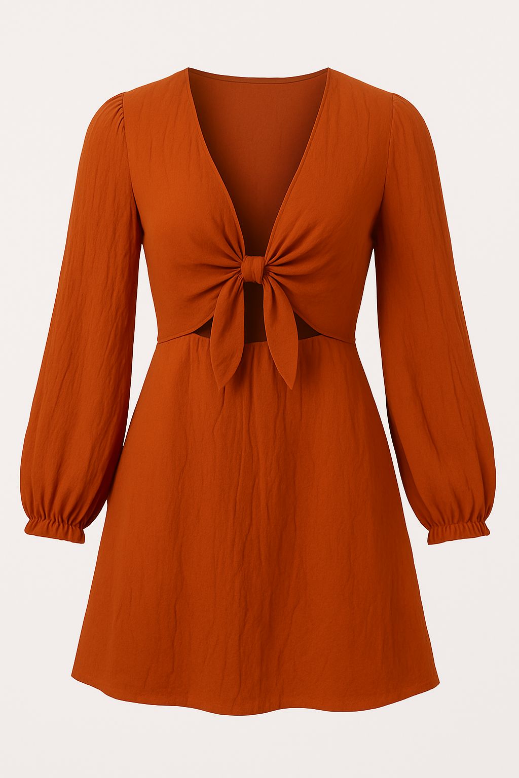 Rust Tie-Front Mini Dress with Long Sleeves