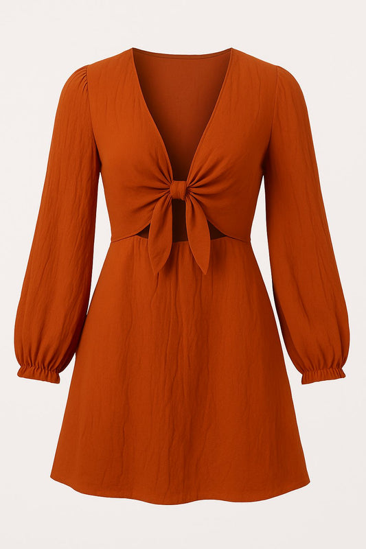 Rust Tie-Front Mini Dress with Long Sleeves