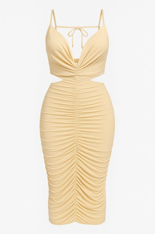Beige Cutout Ruched Midi Dress