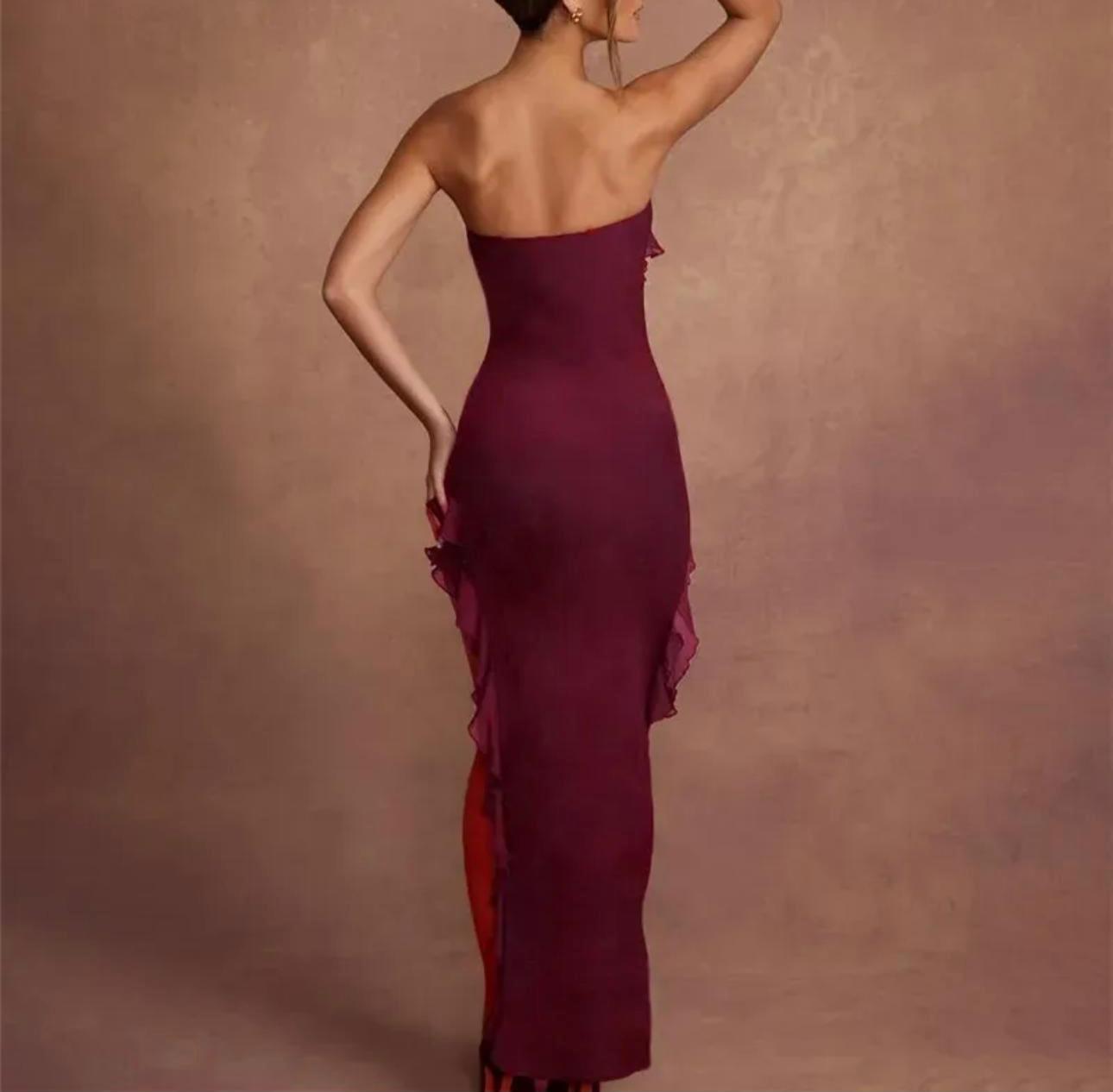 Velvet Wine Ruffle Gown
