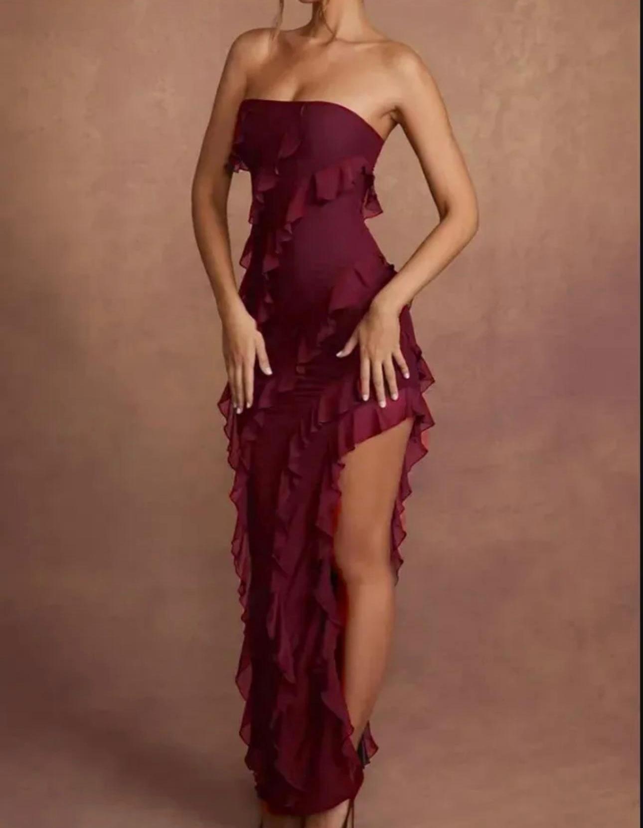 Velvet Wine Ruffle Gown