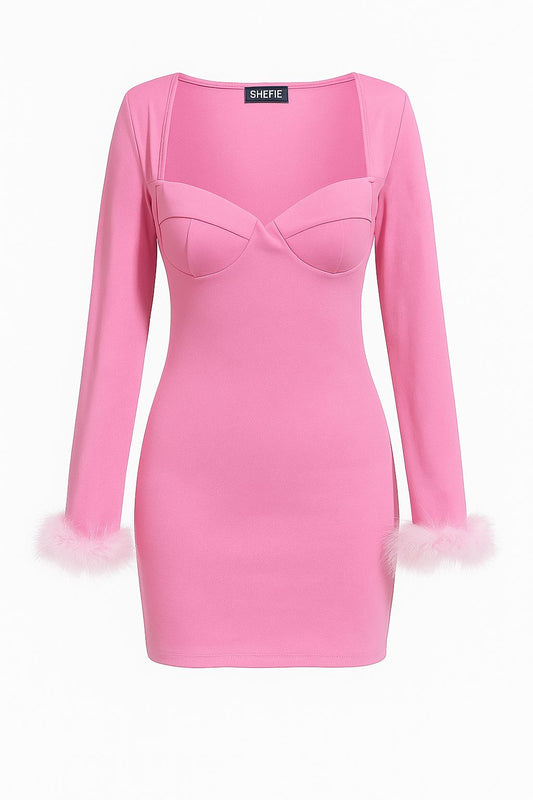Pink Barbiecore Glam Feather Cuff Mini Dres