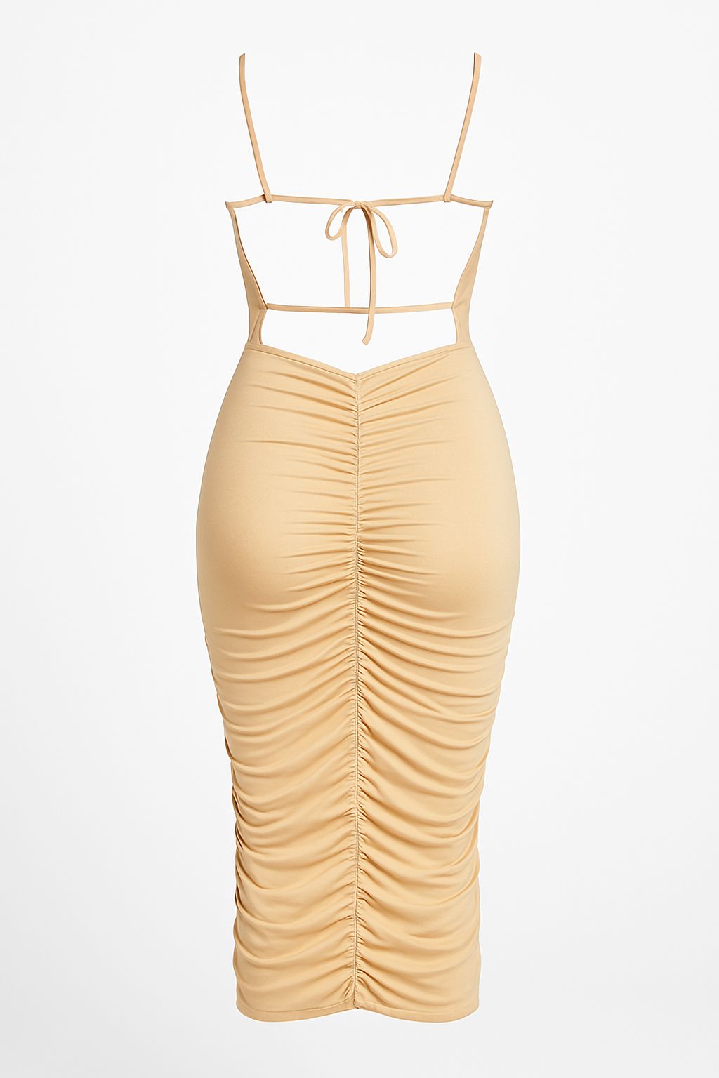 Beige Cutout Ruched Midi Dress