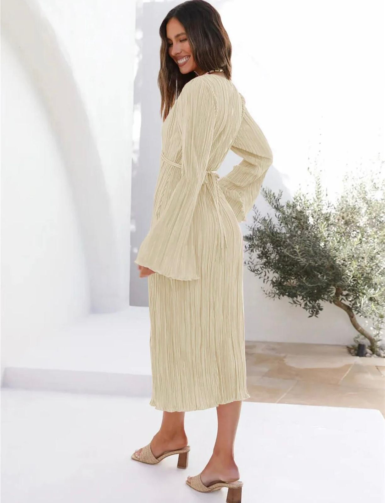 Sun-Kissed Pleated Criss-Cross Midi Dress