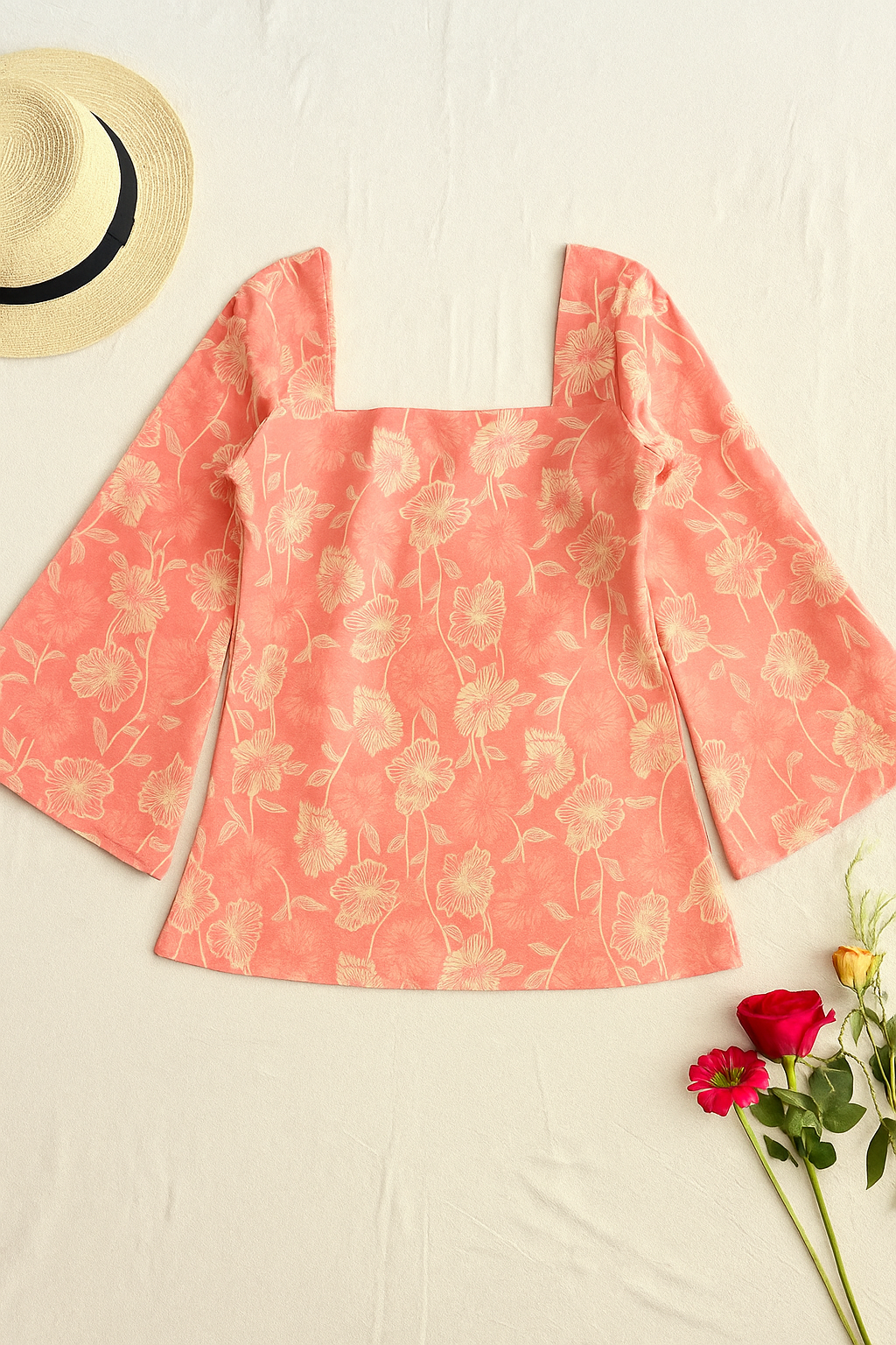 Pink Floral Full Sleeves Short kurti